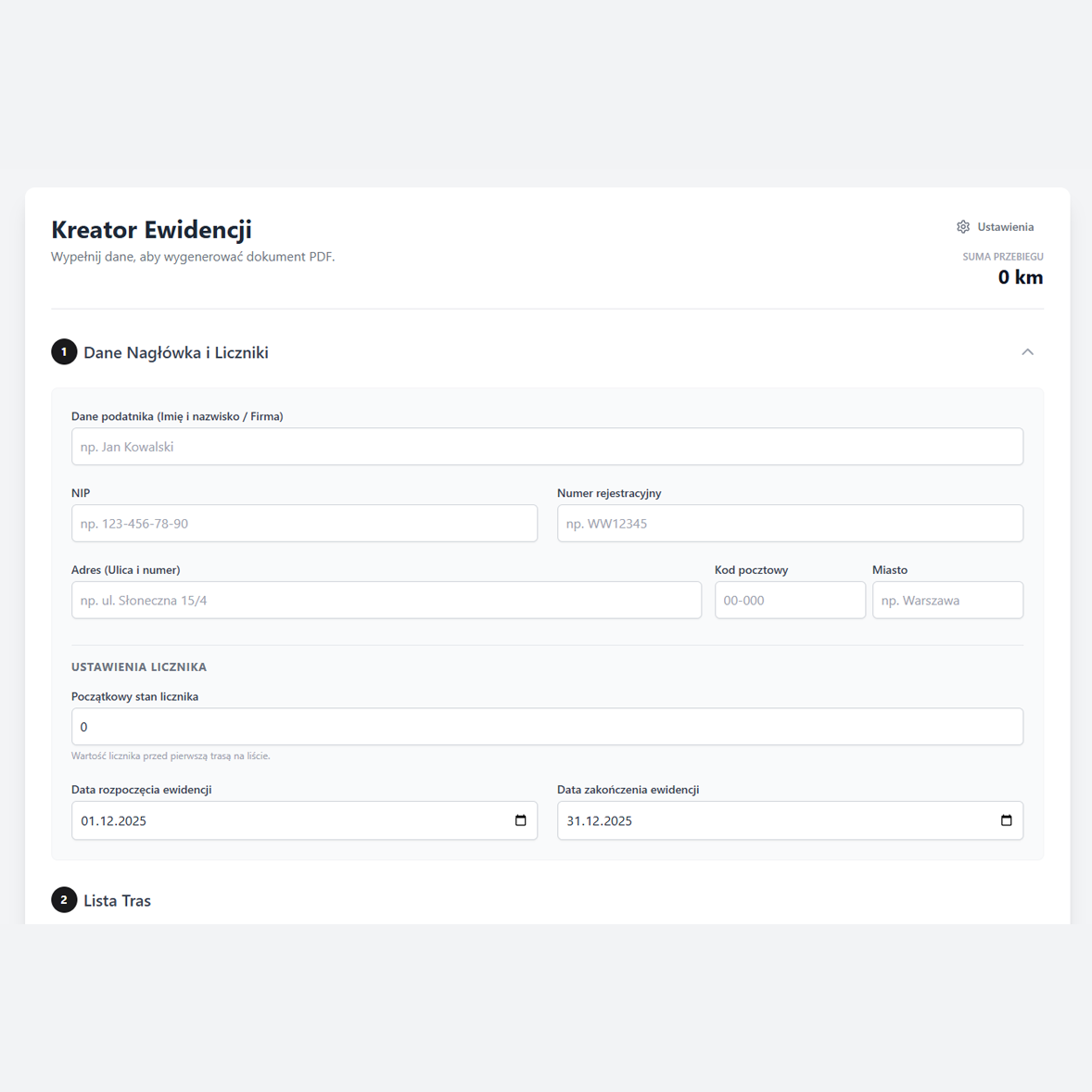 Formularz z danymi nagłówka, NIP i licznika
