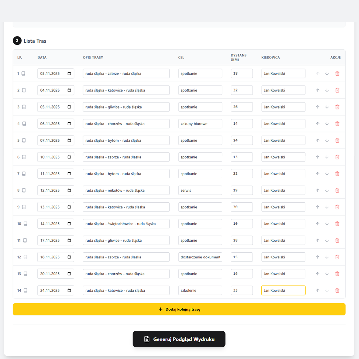 Lista wprowadzonych tras